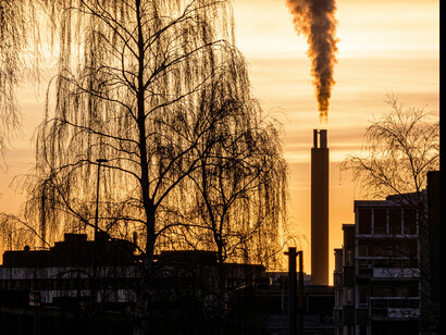 A factory's chimney polluting as nearby trees stand dead