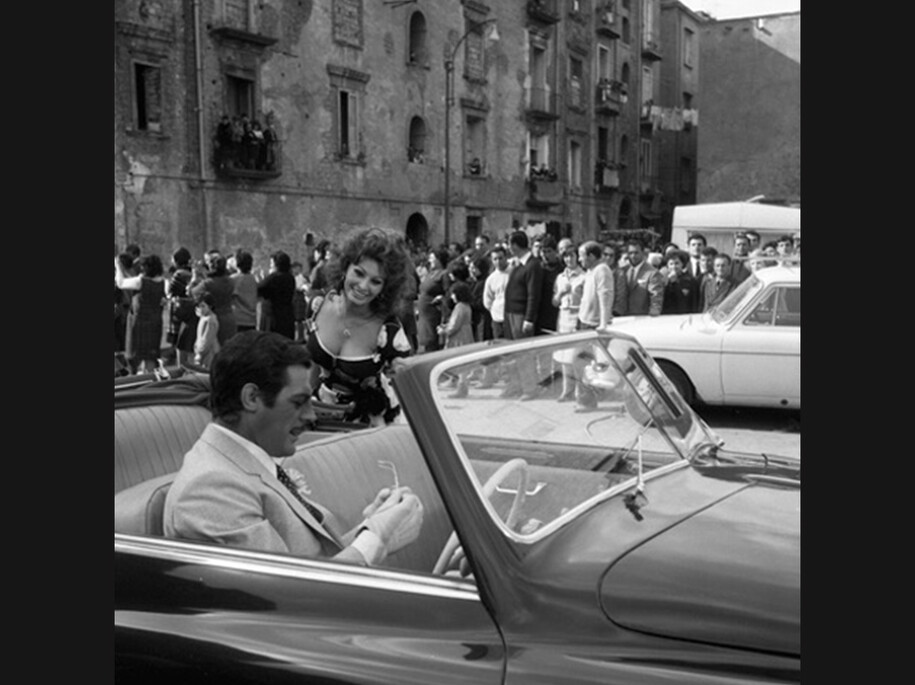 Marcello Mastroianni e Sofia Loren sul set del film Matrimonio all'italiana, 1964 © Archivio Rodrigo Pais