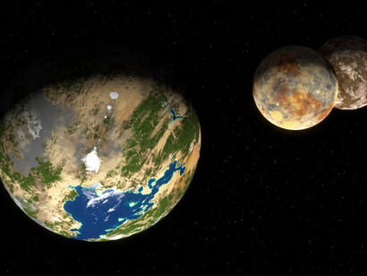 A verdant exoplanet featuring vast oceans and two closely orbiting natural satellites