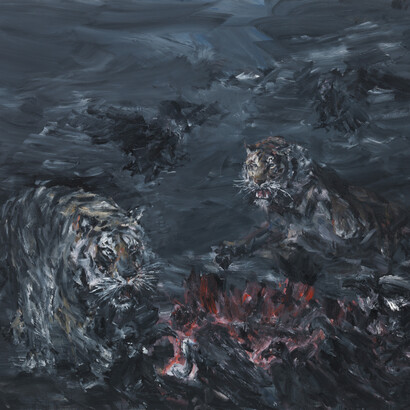 Yan Pei-Ming, Tigres et vautours, 2015, Oil on canvas, 250 x 300 cm (98,43 x 118,11 in), Courtesy Yan Pei-Ming / Galerie Thaddaeus Ropac, Paris/Salzburg, Photo: André Morin © Bildrecht, Wien, 2015