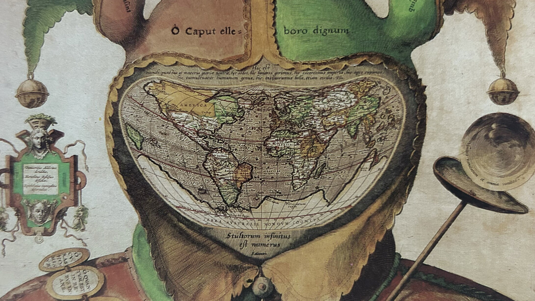 An anonymous world map in the visor of a fool's cap, Antwerp, c. 1590. The detail is apparently after Abraham Ortelius (c. 1587). Only a few examples of this rather disturbing image are known. (retrieved from The Mapmaker's Art: A History of Cartography by John Goss, pg. 341)  