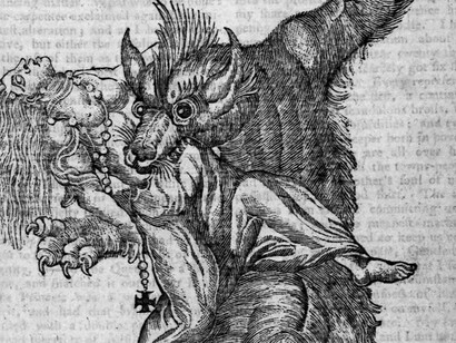 Engraving of the Beast of Gévaudan devouring a woman.