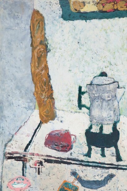 Lyn Brown Brockway, Breakfast in a Paris Lodging, 1951, Oil on muslin 45 x 31 in. Collection of Anne and Robert Bertholf