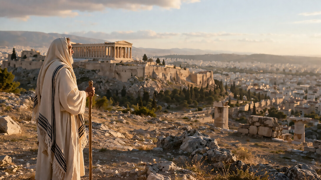 A contemplative figure overlooking an ancient city, symbolizing the origins of freedom shaped by faith and reason