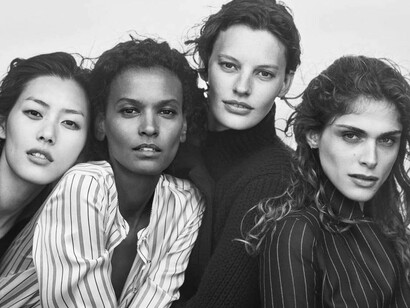 Campagna PE 2016 "New Normal" di Giorgio Armani, quattro top model e icone del passato ritratte da Peter Lindbergh: Nadja Auermann, Yasmin Le Bon, Stella Tennant, Eva Herzigova