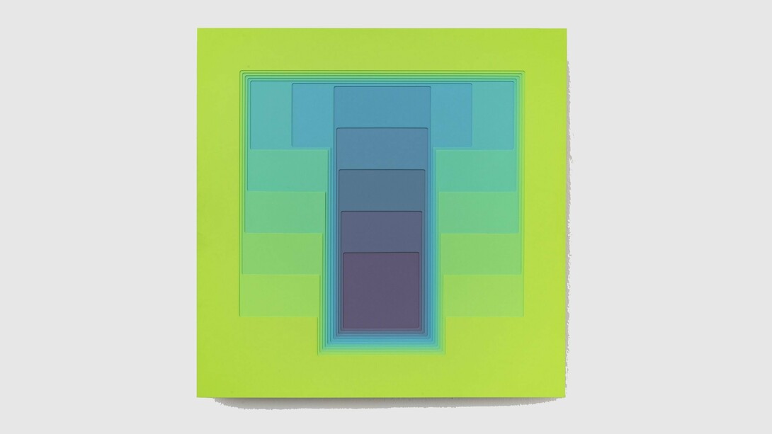 Karl Gerstner,  Karl Gerstner, Color Sound 43, 1972, Nitrocellulose lacquer on phenolic resin panel, 23 x 23 inches. Courtesy of the artist and Meredith Rosen Gallery