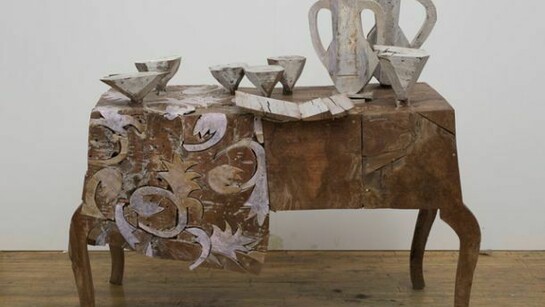 Manolo Valdés, Consola, 2013, wood, unique, 49 x 56 x 22 in. 124.4 x 142.4 x 55.9 cm © Manolo Valdés, courtesy Marlborough Gallery, New York
