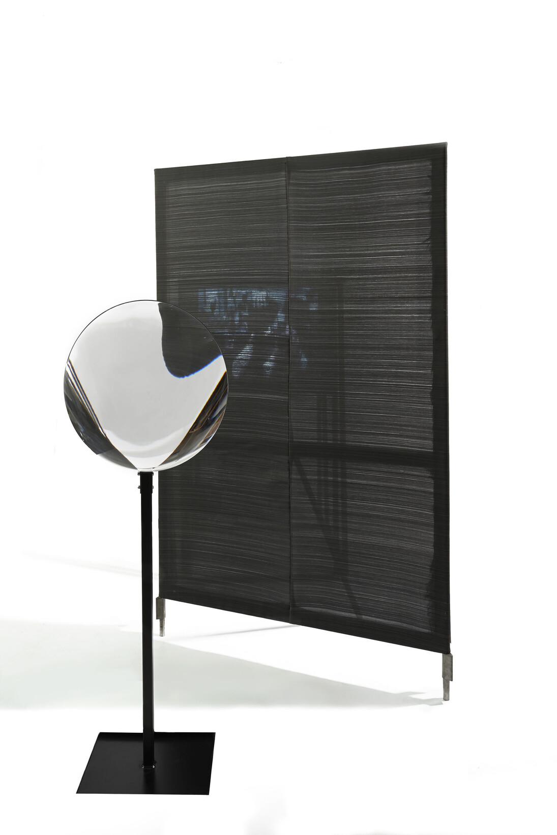 Eloise Hawser, Untitled, 2013, Screen woven with horsehair and steel tripod legs, and optical lens, 180 x 120 x 4 cm © the artist