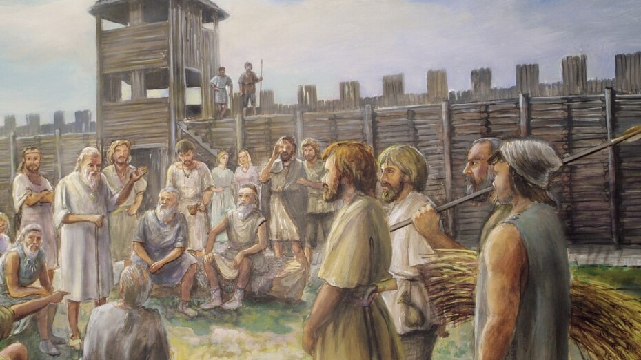 Representación pictórica de las murallas de Biskupin, Polonia