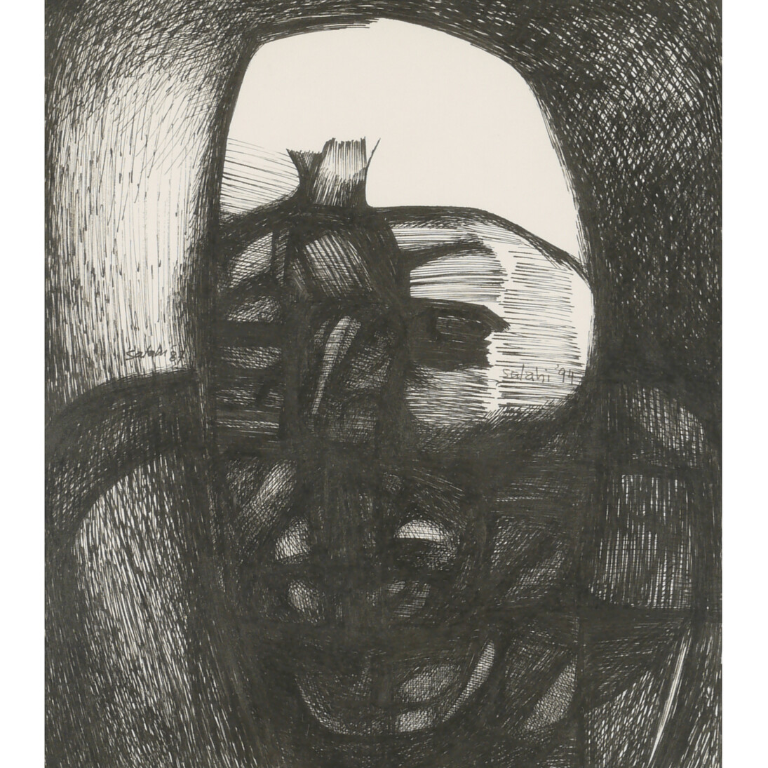 Ibrahim El Salahi, Untitled II, 1974, pen, ink on paper, 8.5 x 7.5 inches, 21.5x19 cm, Courtesy Skoto Gallery
