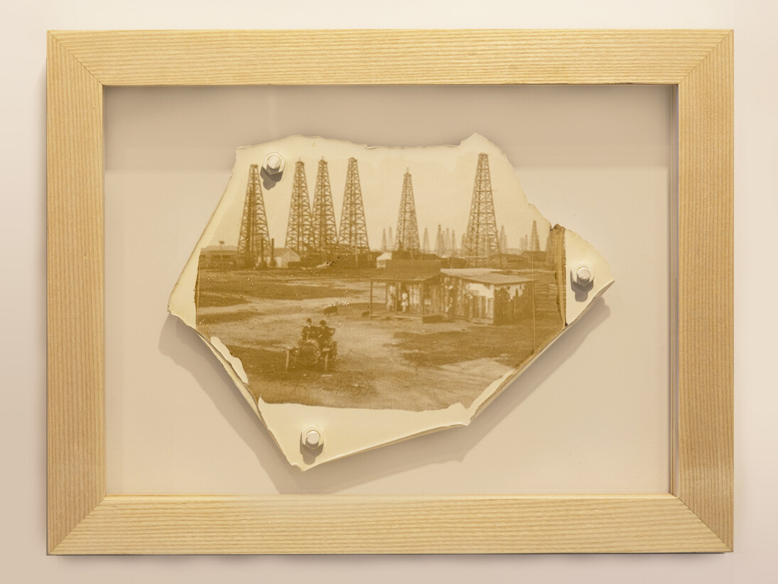 Spindletop 1912 2013  Spindletop crude oil and varnish on industrial floor paint with cast paint nuts and bolts  39 x 51 x 6cm