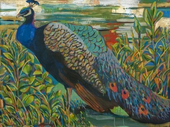 Karen Heagle, Peacock, 2013, acrylic, ink, and collage on paper, 43 1/2 x 52 inches