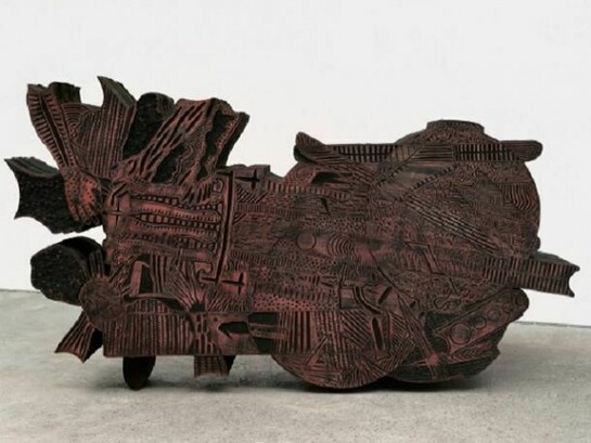 Template, 2013, Carved and painted basswood with wax crayon, 41.5 x 75 x 13.5"