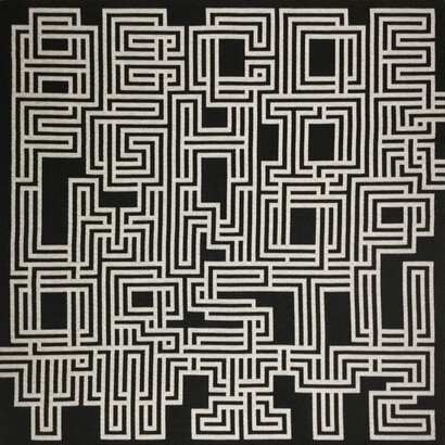 Zuzana Licko, Alphabet #1, 2023, fabric on panel, 30x30 inches. Courtesy of Gallery 16