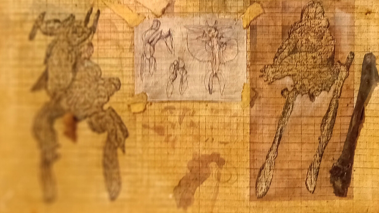 Rolando Castellón; Hoja suelta, 1994. Dibujo, tierra, objetos sobre papel milimétrico (detalle). Cortesía de la Colección Virgina Pérez-Ratton