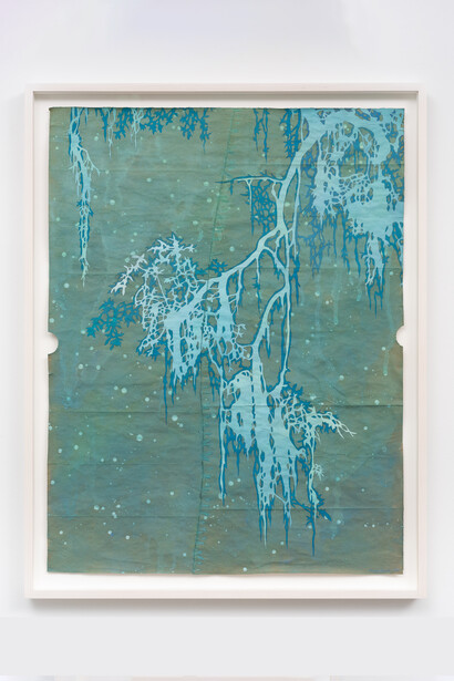 Maysey Craddock, dreaming in the undersea, 2023. Gouache, flashe, and thread on found paper, 27 1/2 x 20 3/4 in. (30 x 23 1/2 in. framed). Photography Credit: Phil Maisel. Courtesy of Sarah Sheperd Gallery