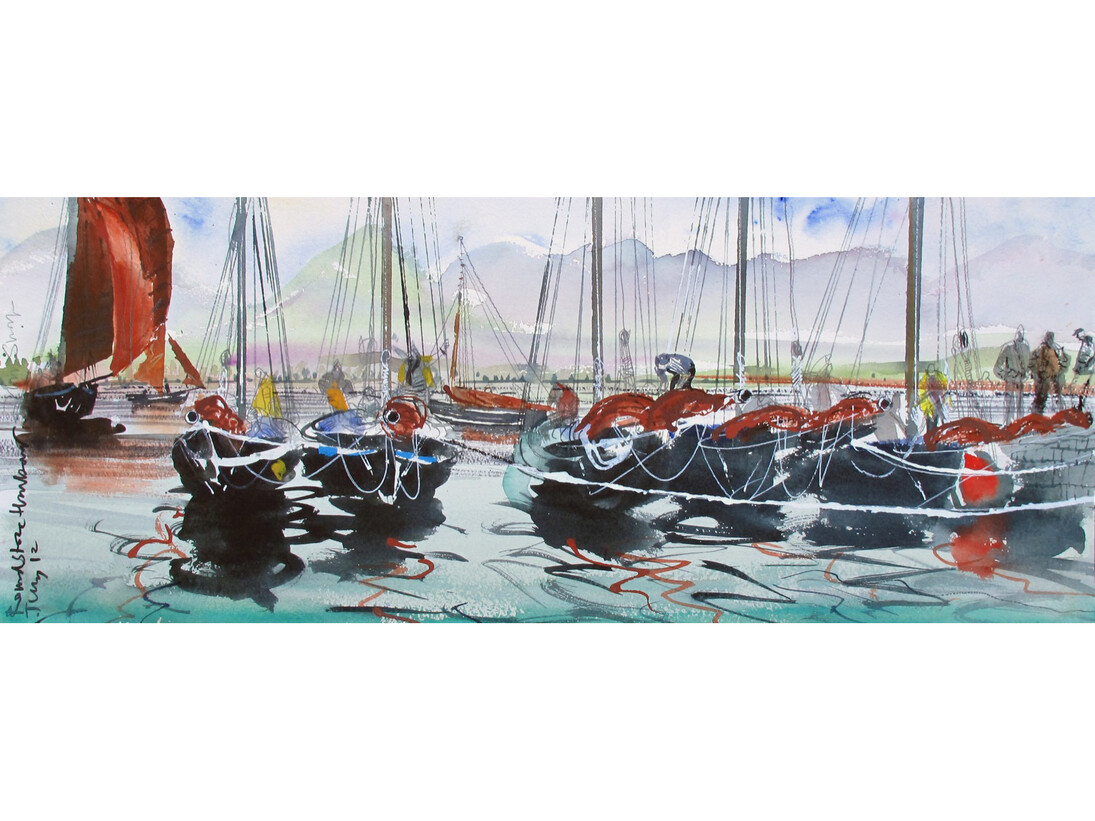 John Short, Regatta, Roundstone, Connemara, County Galway, ink and watercolour, 77 x 31 cm