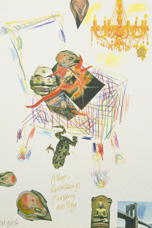 Conrad Atkinson, Allen Ginsberg’s Shopping Trolley, 2014, giclee print, colored pencil, watercolor on paper
11 3/8 x 8 inches. Courtesy of Ronald Feldman Fine Arts, New York