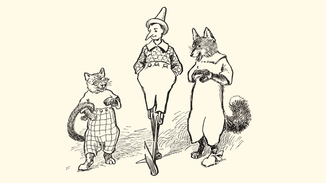Charles Copeland, Pinocchio con il Gatto e la Volpe, illustrazione del libro di Carlo Collodi tradotto per la Clark Co. Limited, Toronto, 1904