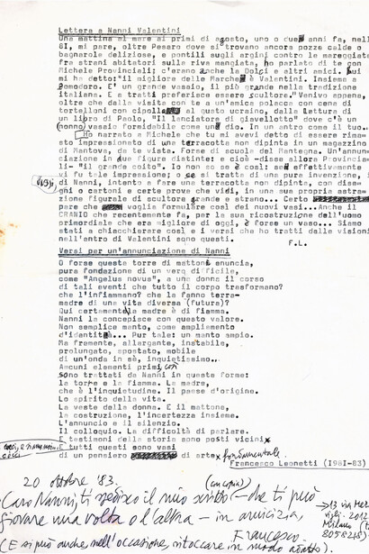 Lettera a Nanni Valentini e Versi per un’annunciazione di Nanni, testi dattiloscritti di Francesco Leonetti, 20 ottobre 1983