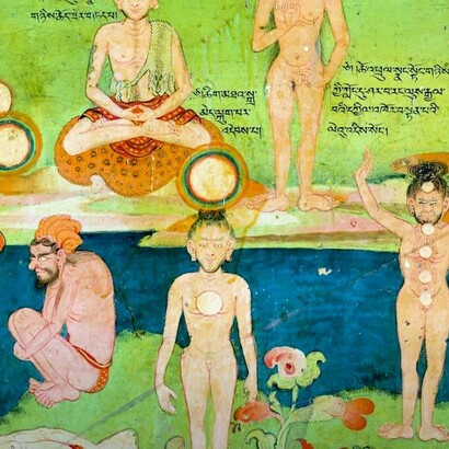 Affresco del tempio Lukhang raffigurante la pratica Dzogchen. Il tempio Lukhang o “Tempio degli spiriti del serpente” è uno spazio di meditazione segreto creato per l’alto clero buddhista nel XVII secolo