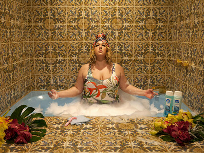 Genevieve Gaignard - White Rain, 2017. Chromogenic print, 30 x 45 inches. Image courtesy of the artist and Shulamit Nazarian, Los Angeles