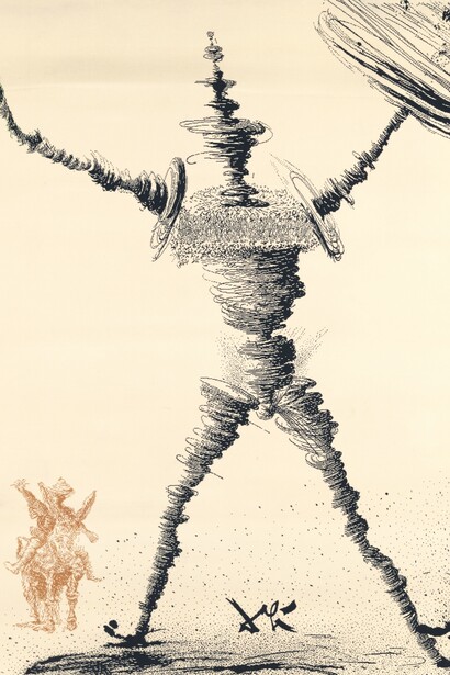 Salvador Dalí. Tapiz en lana de Don Quijote y Sancho Panza. 25 x 174 cm