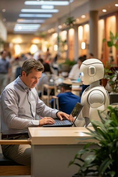 An anthropomorphic robot performing standard human jobs, demonstrating how AI enhances workplace efficiency, promotes human-AI collaboration, and drives automation in various industries