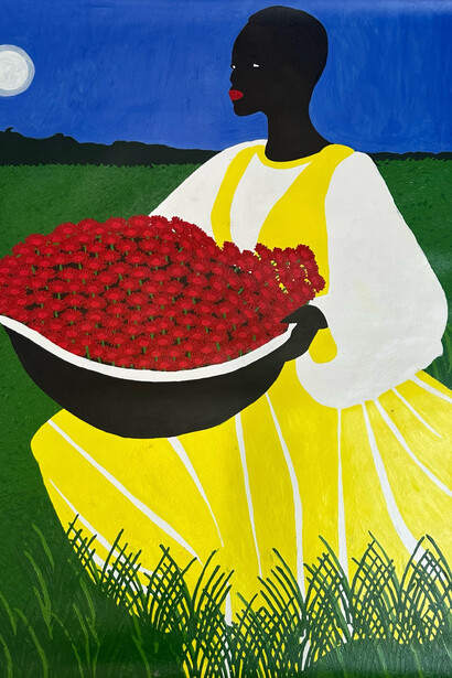 Mamus Esiebo, Flower Pot (detail), 2022. Acrylic on canvas, 46 x 35 inches. Courtesy of the artist and Allouche Gallery