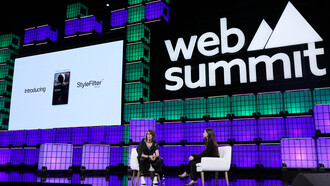 14 November 2024; Imogen Heap, Recording Artist & Technologist, Auracles.io; left, and Shara Senderoff, Co-founder & CEO, Jen; on Centre Stage during day three of Web Summit 2024 at the MEO Arena in Lisbon, Portugal