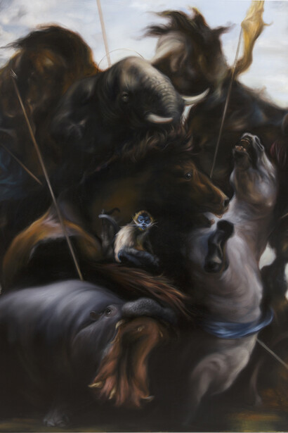 Hugo Wilson, Hunt 4, 2014, Oil on prepared panel, 200 x 215 x 8 cm
