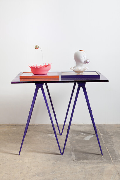 Alex Da Corte, Untitled, 2015, Table sculptures: sawhorses, ikea shelves, metal frames, plexi glass, milk glass, Christmas ornament, foam head, silicone bowl and wire, 119, 38 x 111, 76 x 122 cm
(47 x 44 x 48 in)
