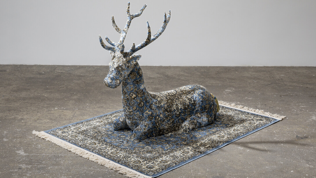 Debbie Lawson, Seated Stag (detail), 2023, Carpet and mixed media, 39½ x 43 x 18½ in. Courtesy of the artist and Sargent's Daughters Gallery
