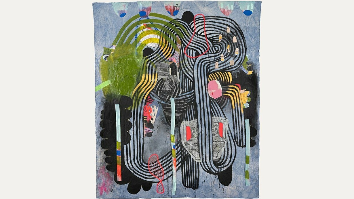 Jackie Milad, An Undoing 2, 2024. 78 x 65 inches / 198.1 x 165.1 cm,  mixed-media on hand-dyed canvas collage/painting. Courtesy of the artist and Pentimenti Gallery