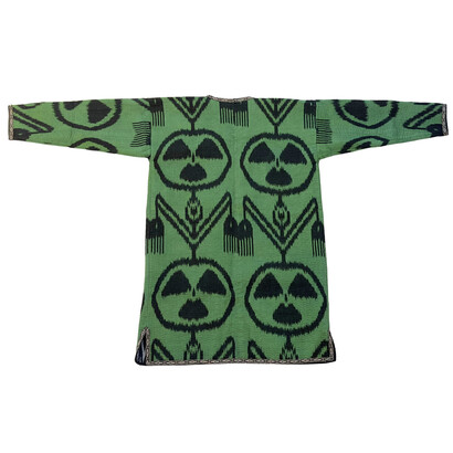 Dilyara Kaipova, Silk and velvet vs warning safety signs, garment on exhibition. Courtesy of Andakulova Gallery