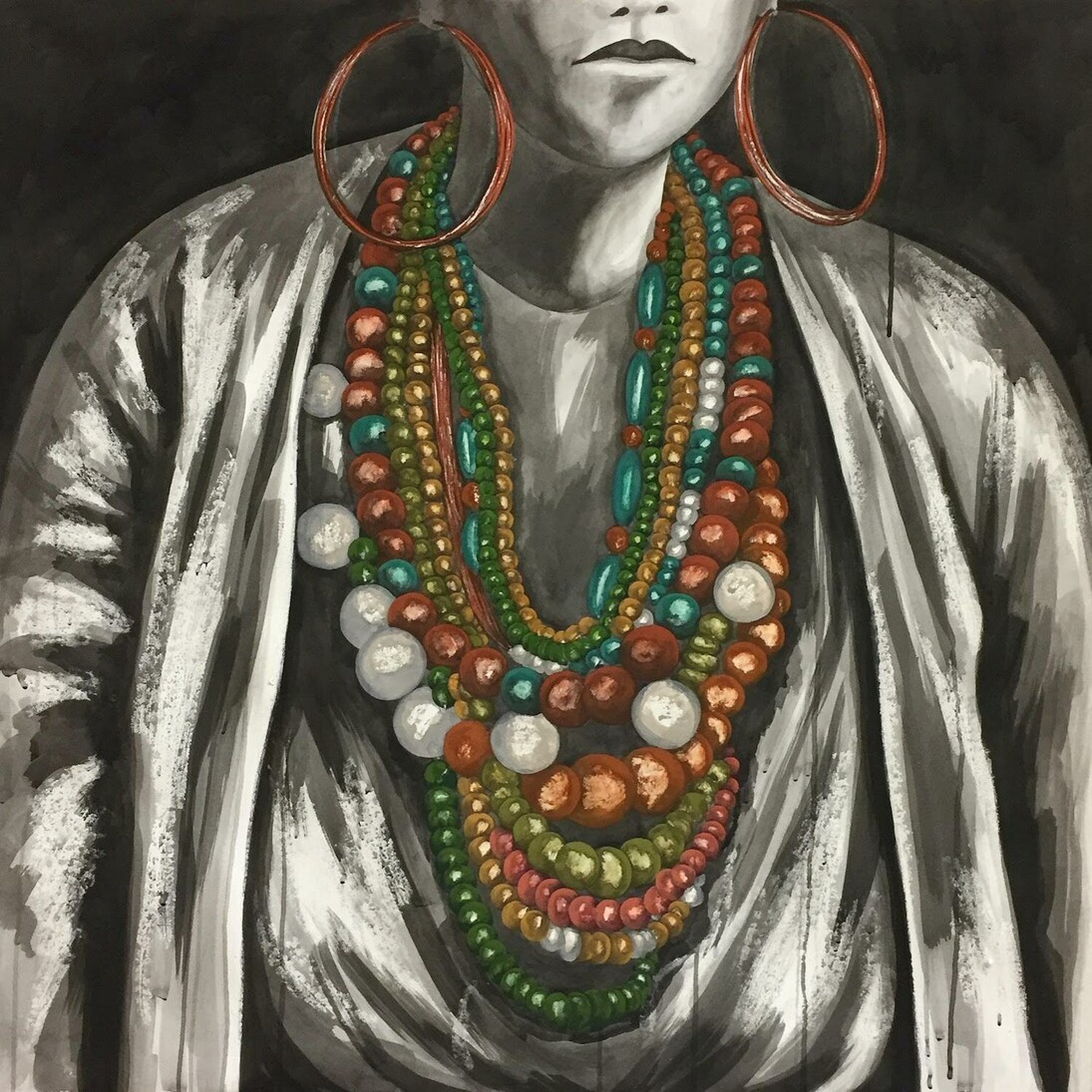 Portrait at the necklace 1, Mixed media on paper, Courtesy Emilie Bazus et Laure Roynette Gallery