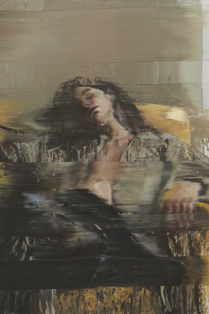 Andy Denzler, Figure on a yellow sofa, 2025. Courtesy of Opera Gallery
