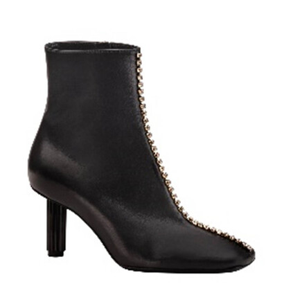 Stivaletto in pelle di vitello con accessorio di cristalli, tacco geometrico a colonna, AGL