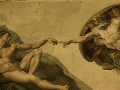 The Creation of Adam painting by Michelangelo Buonarroti depicts Adam and God