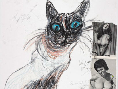 Simone Gad,
Chat Gus Avec Deux Pinups (detail), 2019,
Oil pastel, ink, and collage on paper.
14 x 17 inches. Courtesy of Track 16 Gallery, Los Angeles
