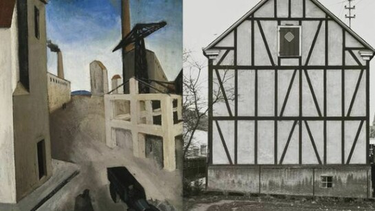 Mario Sironi / Bernd and Hilla Becher, Paesaggio urbano, 1921 / Case a graticcio, Siegen Sud-Vestfalia (Fachwerkhäuser, Siegen Sud-Westfalen), 1988, Olio su tela, 89 x 65 cm / Stampe, gelatina ai sali d'argento, 104,1 x 83,8 cm, Collezione privata. Deposito presso la Collezione Peggy Guggenheim, Venezia / Fondazione Solomon R. Guggenheim, Collezione Hannelore B. e Rudolph B. Schulhof, lascito Hannelore B. Schulhof, 2012