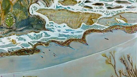 Billy Childish, man in a small boat, winter, 2013, oil and charcoal on linen, 40.55 x 120.08 inches, 103 x 305 cm