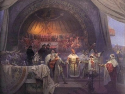 Ottokar II., König von Böhmen, 1924. Eitempera auf Leinwand, 405 x 480 cm. Mucha-Stiftung, Prag.