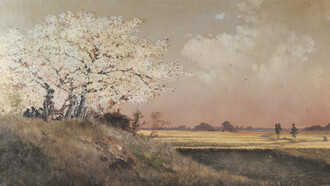 Takahashi Yuichi; detalle de «Flores de cerezo en el terraplén de Sumida»