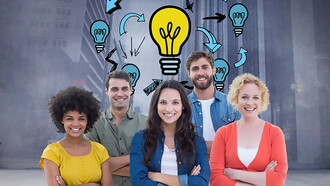 In the imagery, visualize creative business people surrounded by drawn light bulbs, embodying the entrepreneurial spark and collaborative teamwork essential in the startup journey while fostering the creative impulse