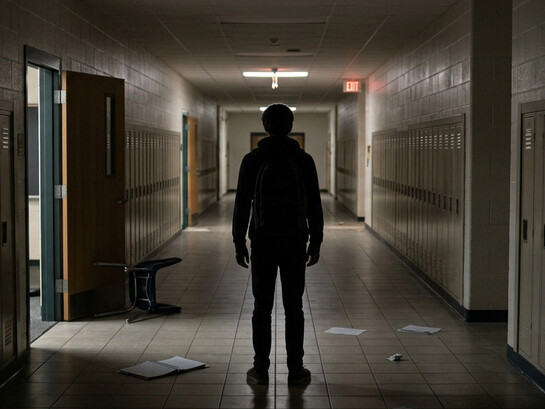 A student standing silently in a dimly lit school hallway, reflecting the importance of mental health and early intervention