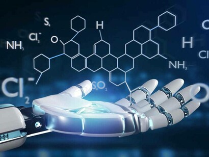 An AI hand offering a chemical compound that will act as a treatment for a patient