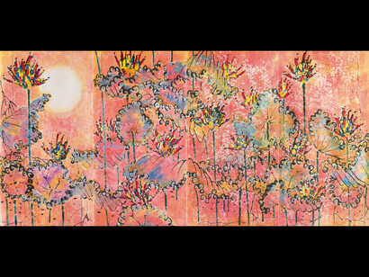 Dachan, Da Yuan Jing Zhi Zhen Le Lotus, 2010, Ink and colour on paper, 135×300cm. Courtesy the artist.