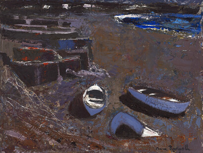 Anne Redpath, Boats on the Shore, Canary Islands, oil on board, 51 x 61 cm