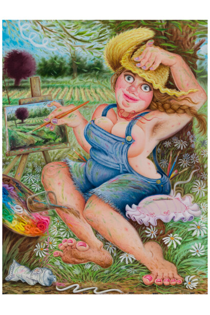 Rebecca Morgan, Self-Portrait as Romanticized Painter, 2023, oil on linen, 40x30 inches, photo by Etienne Frossard. Courtesy the artist and Asya Geisberg Gallery, NYC